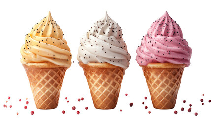 Frozen Delights: A trio of creamy soft serve ice cream cones in vibrant yellow, white, and pink, adorned with sprinkles, promising a burst of summery flavors. 
