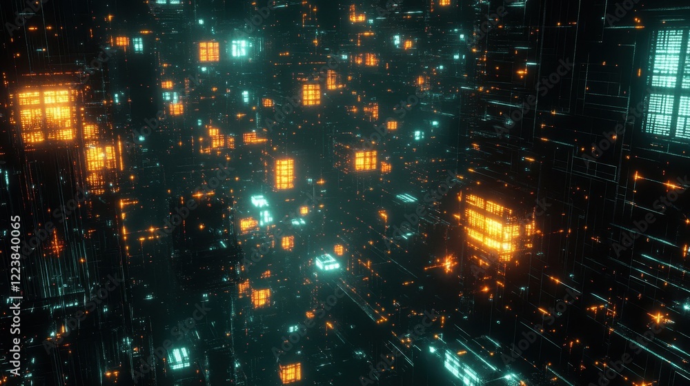 Poster a panoramic view of a city where buildings morph into data servers illuminated by flickering metrics