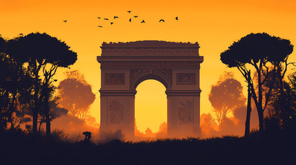 Fototapeta premium Silhouette of large arch monument with trees, orange sky. Shadow Arch. Illustration