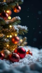 Snowy Christmas Eve with sparkling golden ornaments on a black background, ornaments, snowy scene