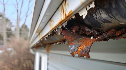 Obraz premium Damaged gutter showing rust, debris, and deterioration on house