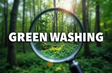 Magnifying glass focused on greenwashing concept. Eco friendly environment in forest but concept eco fraud. Image highlights eco marketing deception, unsustainable business practices. Image suggests
