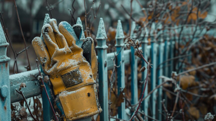 worn work glove resting on frosty fence, symbolizing hard work and resilience