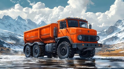 Bright orange industrial truck navigating through a picturesque snow-covered mountainous landscape with dramatic clouds and sunlit peaks.