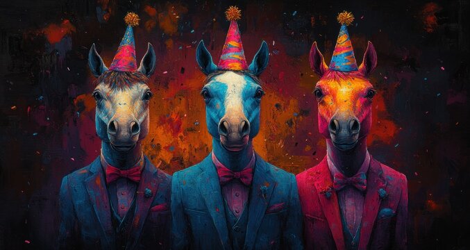 Colorful Party Horses in Wacky Outfits Surrealist Art Design Creative Concept Birthday Invitation