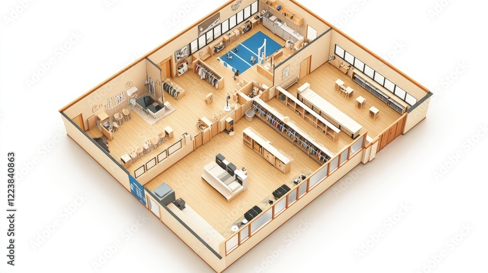 Fototapete 3D Isometric View of a Modern and Spacious Store Floor Plan Design A Detailed Architectural Rendering of a Retail Space Layout.