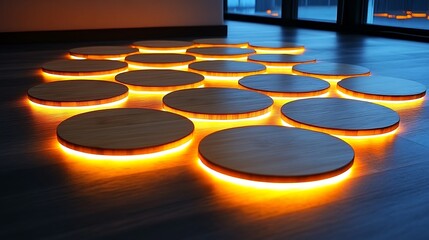 Wooden arcs flowing dynamically across the frame, highlighted with subtle glowing accents.