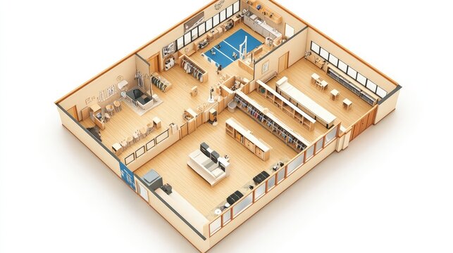 3D Isometric View of a Modern and Spacious Store Floor Plan Design A Detailed Architectural Rendering of a Retail Space Layout.