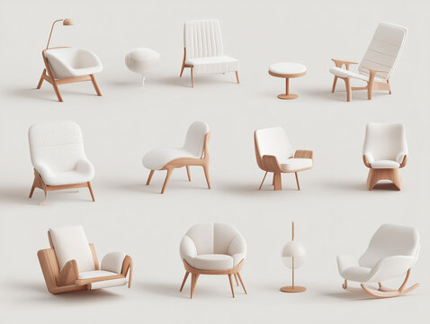 Ic&ocirc;nes de fauteuils d'int&eacute;rieur en 3D sur fond blanc