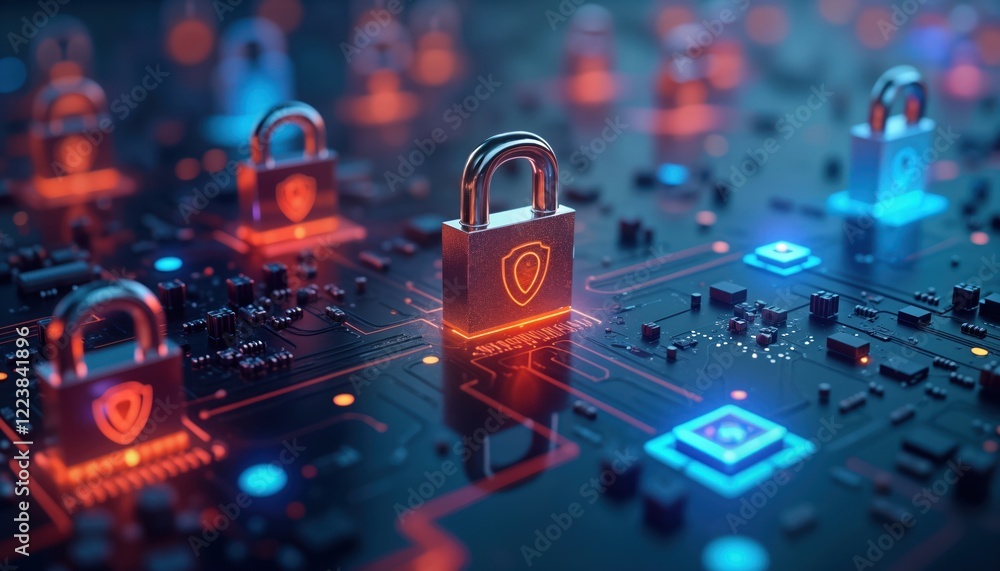 Fototapete Digital locks secure tech network. Cybersecurity system. Advanced protection against cyber threats. Network safety. Data encryption, secure access illustrated on circuit board. Advanced tech defense
