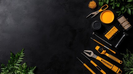 DIY tools and plants on dark background; craft project