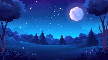 Fototapeta premium Nighttime Forest Landscape with Full Moon and Stars