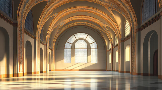 A grand, arched ceiling with intricate mosaic tile work in an empty, vast room. Shadow Arch. Illustration