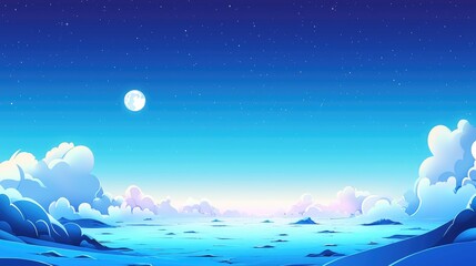 Obraz premium A Night Sky with Stars, Moon, and Fluffy Clouds over a Blue Sea