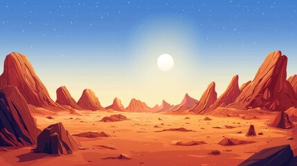 Naklejka premium A Martian Landscape with a Bright White Sun and Scattered Stars