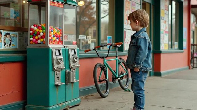 A kid in a denim jacket and sneakers standing next to a vintage gumball machine outside a convenience store, the pavement cracked and a bike leaned against the wall.