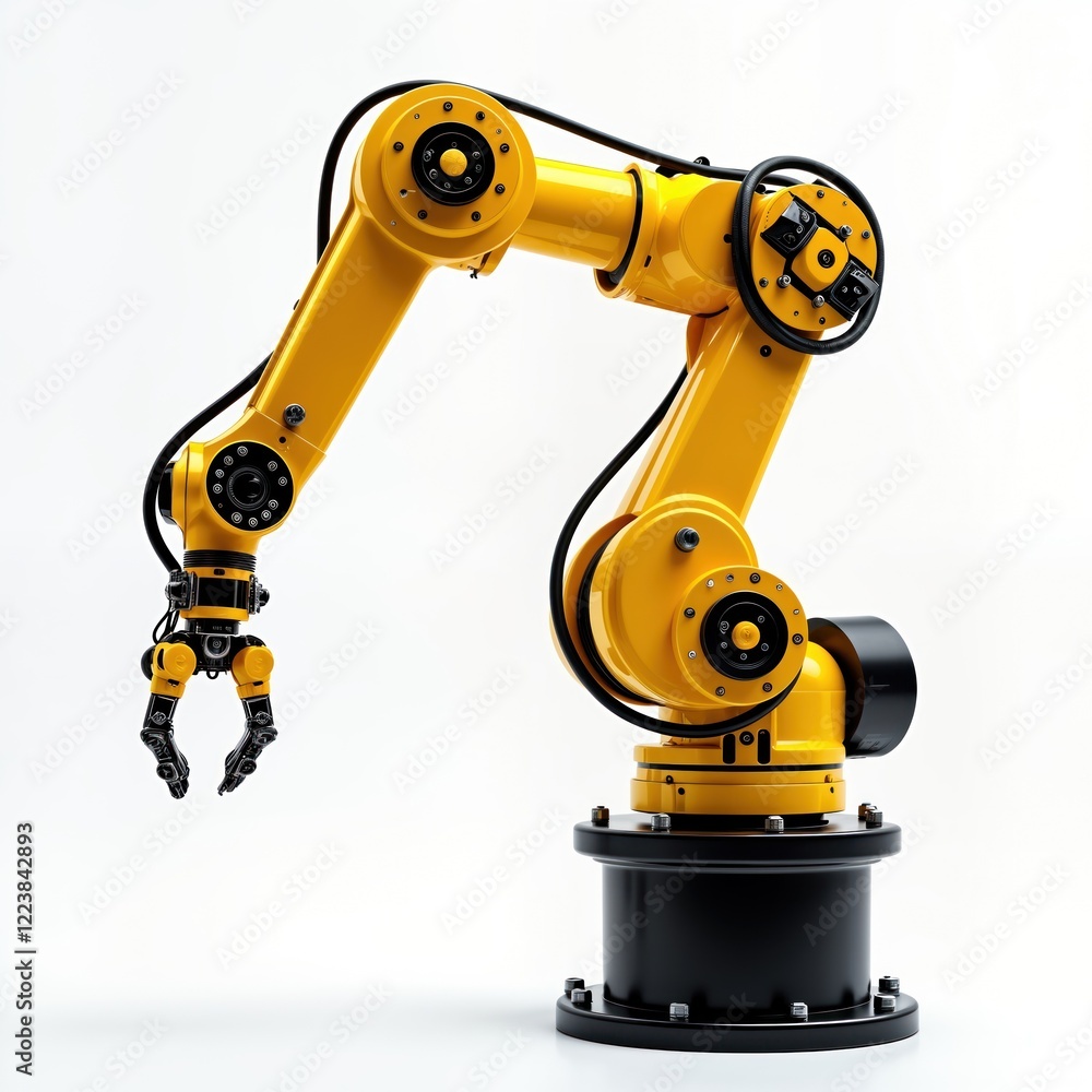 Aufkleber yellow industrial robot arm stands isolated white background. modern automation tech in manufacturin