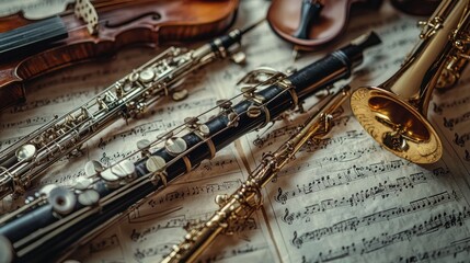Obraz premium Orchestral Instruments on Sheet Music