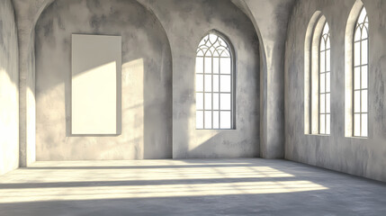 Blank canvas in sunlit concrete room with arched windows, ideal for exhibitions. Shadow Arch. Illustration