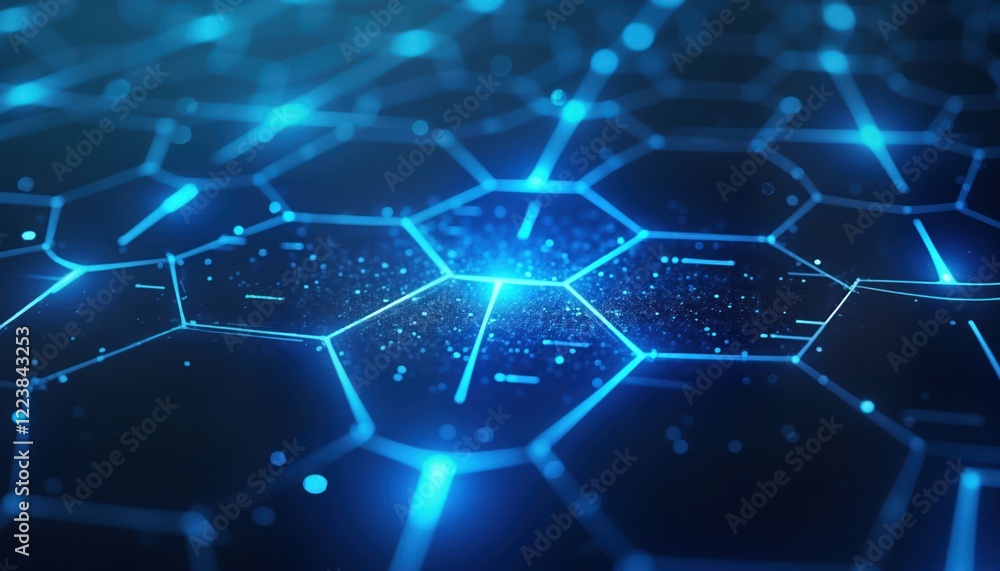 Poster Abstract futuristic digital tech pattern with glowing blue hexagons. Network structure with light effects. Modern design for tech companies creative projects. Glowing lines connect hexagons. Dark