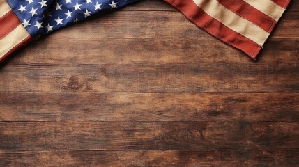 Obraz premium American flag draped over a rustic dark wooden background with empty space for text.