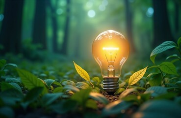 Illuminating light bulb shines amidst green plants in tranquil forest. Nature, innovation blend for sustainable energy. Eco friendly concept of ideas, sustainable energy. Bulb ideas, creative