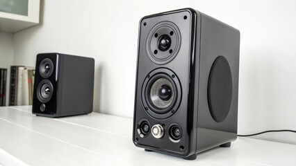 Obraz premium Black bookshelf speakers on a white surface