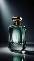 Sophisticated glass perfume bottle featuring minimalist design and soft bokeh lighting on a dark background perfume commercial advertisement display
