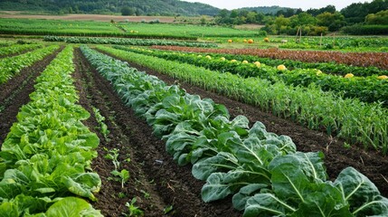Rows of mature vegetables, including pumpkins and squash, ready to be harvested in a farm field