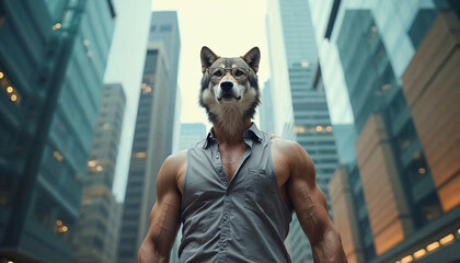 Muscular Wolf Man in City Powerful Photo Art