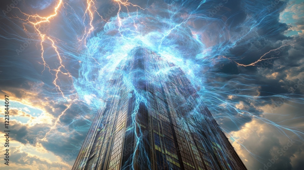 Poster digital clouds of information swirling around a central skyscraper with lightning bolts of restricti