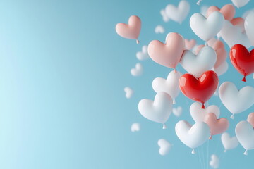 A romantic Valentine's Day background with heart-shaped red and white balloons, perfect for setting a loving, joyful tone for any event or celebration centered around love.

