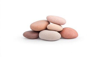 Smooth pebbles in various shades stacked together on white background, creating serene and calming composition.