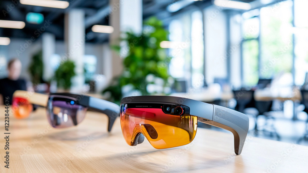 Poster exploring ai-generated smart glasses for business applications in a modern office environment
