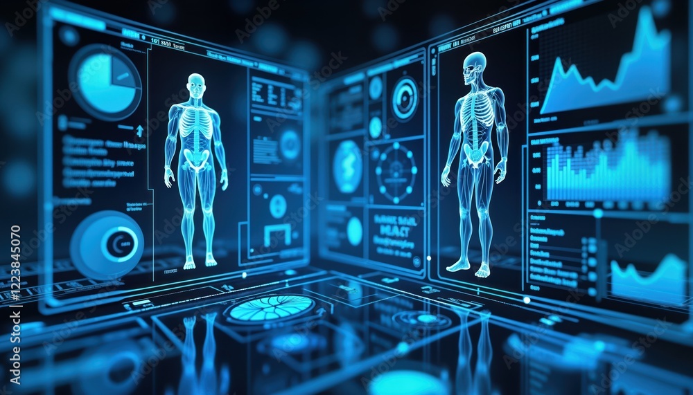 Aufkleber Digital health tech interface shows human anatomy with bone structure. Futuristic medical display. Data analysis of human body. High tech medical dashboard. Virtual lab environment. Blue abstract