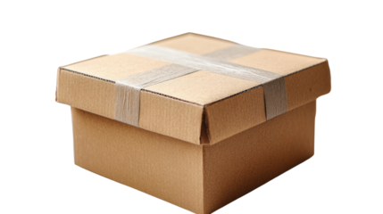 Secure Cardboard Box: A sturdy, square cardboard box, securely fastened with crisscrossing tape, ready for shipping or storage.  The box is a light brown color, showing its simple, functional design.