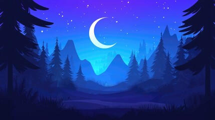 A Silhouetted Forest Landscape Under a Crescent Moon and Starry Sky