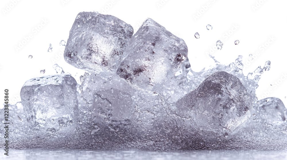 Poster ice cubes splash: crystal-clear ice cubes create a dynamic splash, showcasing their pristine texture