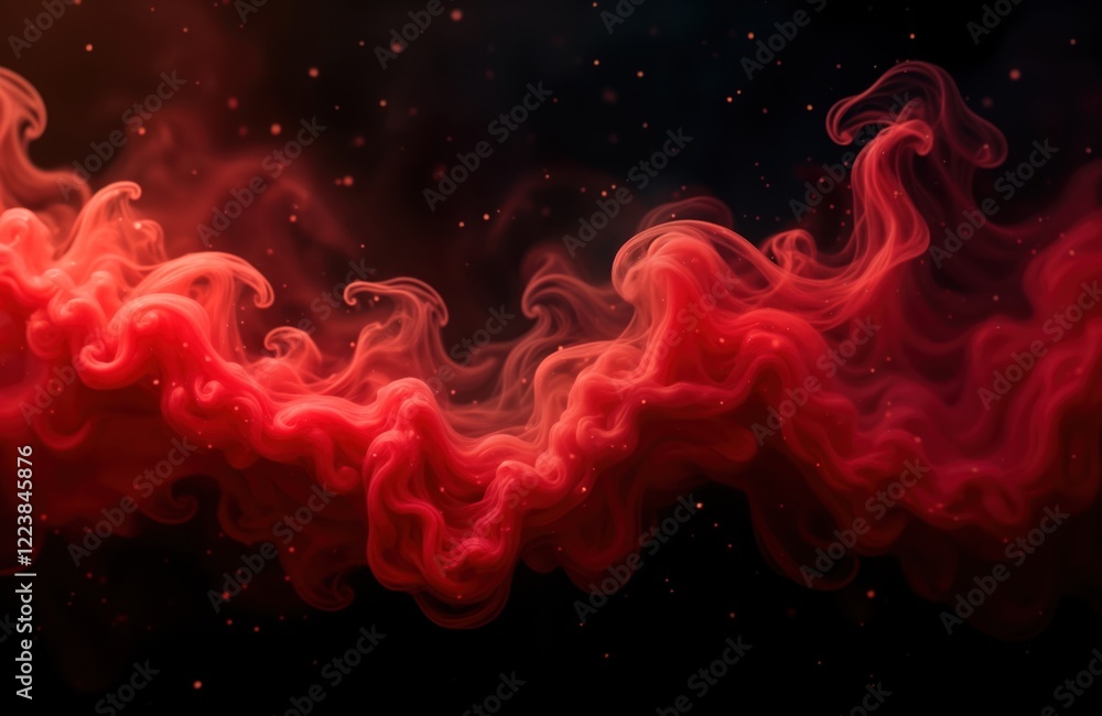 Poster Abstract red liquid forms dynamic waves against dark background. Intricate patterns create sense of movement, energy. Red liquid swirls, producing abstract shapes look like fire smoke. Digital art
