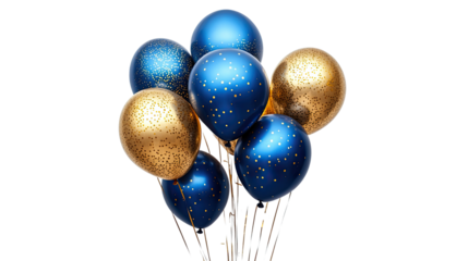 Celestial Celebration Balloons: A cluster of elegant blue and gold balloons, adorned with subtle star patterns, floats against a clean background.