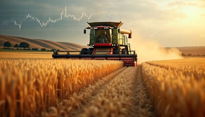 Golden wheat field harvested by large combine harvester. Financial data overlaid on scene in form of graph indicating agricultural market trends. Rural landscape, bright sunset. Summertime. Farm