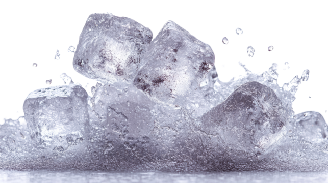 Ice Cubes Splash: Crystal-clear ice cubes create a dynamic splash, showcasing their pristine texture and the refreshing coolness of water. The image evokes a sense of purity and revitalization. 