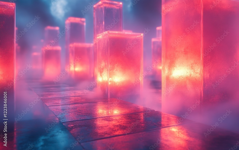 Poster futuristic abstract scene with translucent cubes and gradient lighting