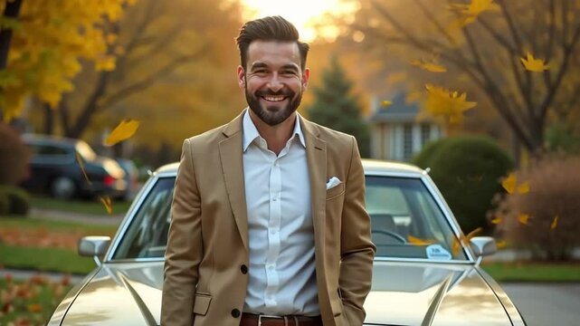 A man with neatly styled hair in a beige blazer and brown slacks leaning against a classic 1980s sedan in a suburban driveway, holding a briefcase and smiling, with autumn leaves scattered around.