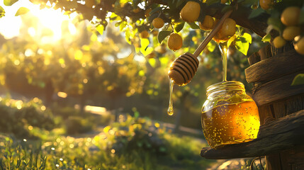 Golden honey dripping from a wooden honey dipper into a glass jar, set against a sunlit orchard background. Amber Grove. Illustration
