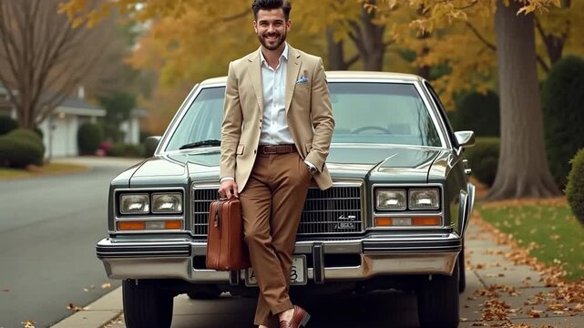 A man with neatly styled hair in a beige blazer and brown slacks leaning against a classic 1980s sedan in a suburban driveway, holding a briefcase and smiling, with autumn leaves scattered around.