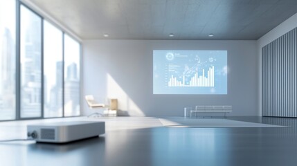 Modern Office Presentation: Data Visualization on a Large Screen Projector in a Minimalist Room