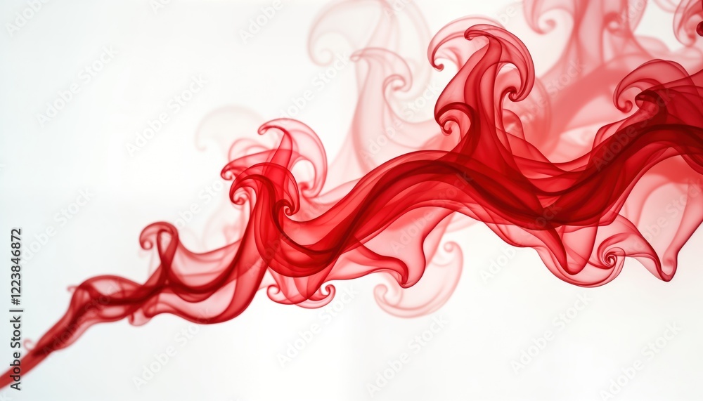 Aufkleber Red smoke flows in artistic swirls, curves against plain white background. Fluid motion creates flowing patterns, shapes. Abstract design evokes sense of movement, dynamic form. Could used for