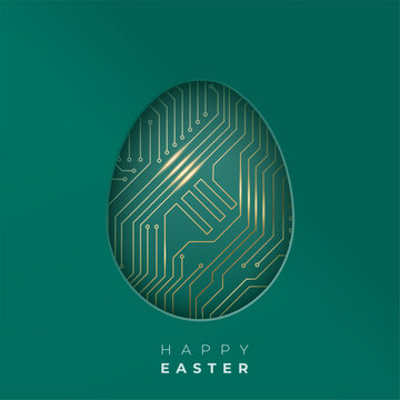 Futuristic Easter egg with gold circuit board pattern on a green background
