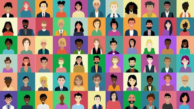Multicultural People headshots and portraits Collage Animation Cartoon characters. Avatar Collection animated in Illustration Style.